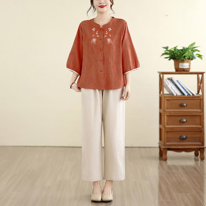Buddha Stones Letnie koszule damskie w stylu vintage Tang z haftem kwiatowym i rękawami trzy czwarte - image 13
