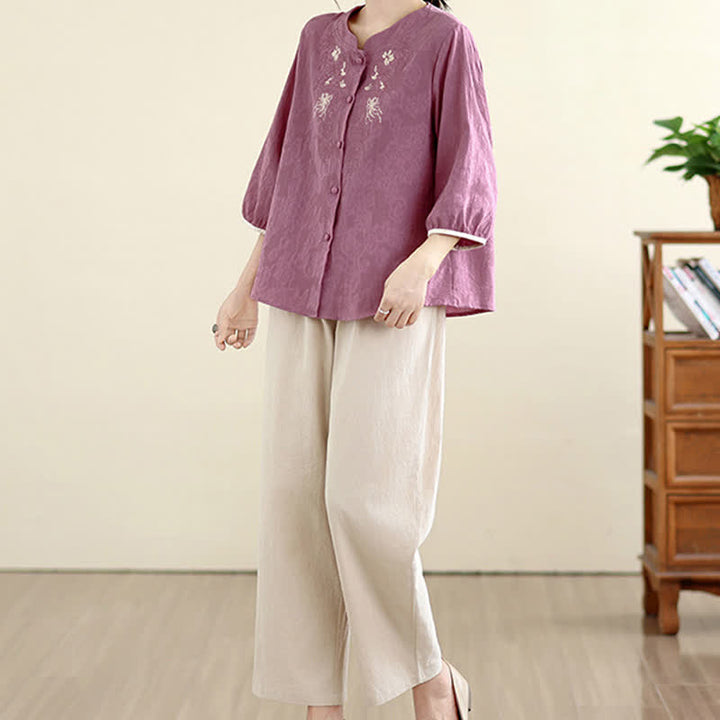 Buddha Stones Letnie koszule damskie w stylu vintage Tang z haftem kwiatowym i rękawami trzy czwarte - image 3