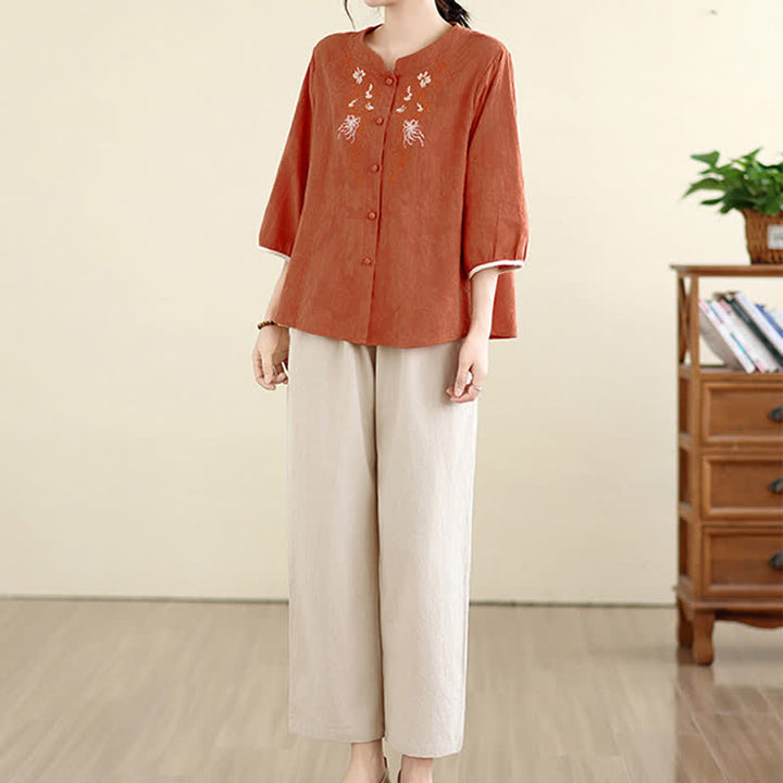 Buddha Stones Letnie koszule damskie w stylu vintage Tang z haftem kwiatowym i rękawami trzy czwarte - image 12