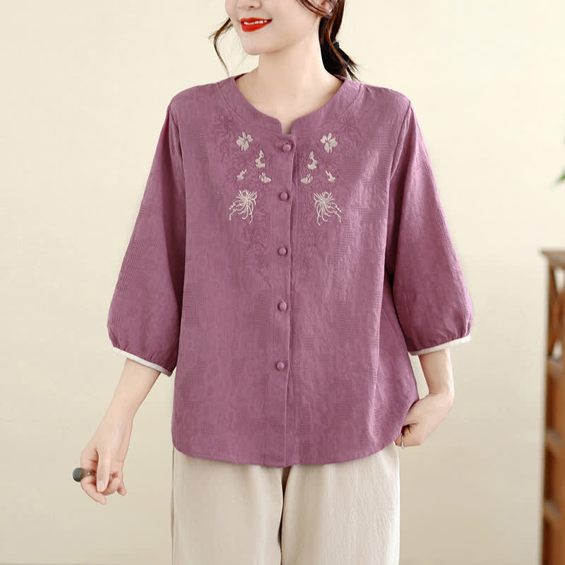 Buddha Stones Letnie koszule damskie w stylu vintage Tang z haftem kwiatowym i rękawami trzy czwarte - Bladofioletowoczerwony - US12, UK/AU16, EU44 (3XL) - image 0