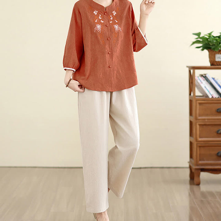 Buddha Stones Letnie koszule damskie w stylu vintage Tang z haftem kwiatowym i rękawami trzy czwarte - image 14