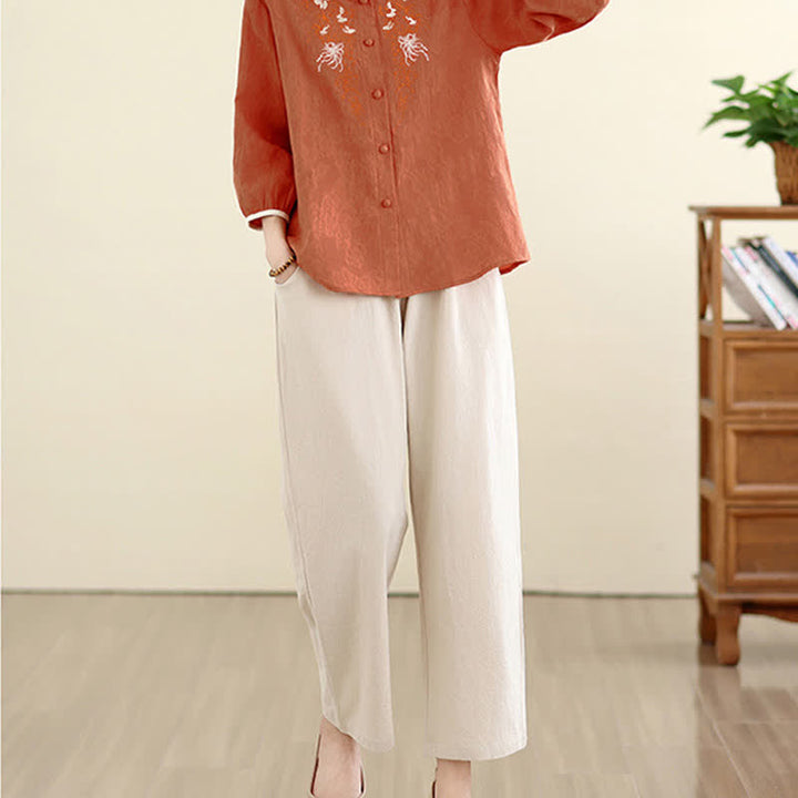 Buddha Stones Letnie koszule damskie w stylu vintage Tang z haftem kwiatowym i rękawami trzy czwarte - image 17