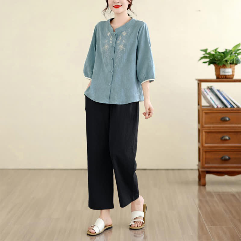 Buddha Stones Letnie koszule damskie w stylu vintage Tang z haftem kwiatowym i rękawami trzy czwarte - image 23