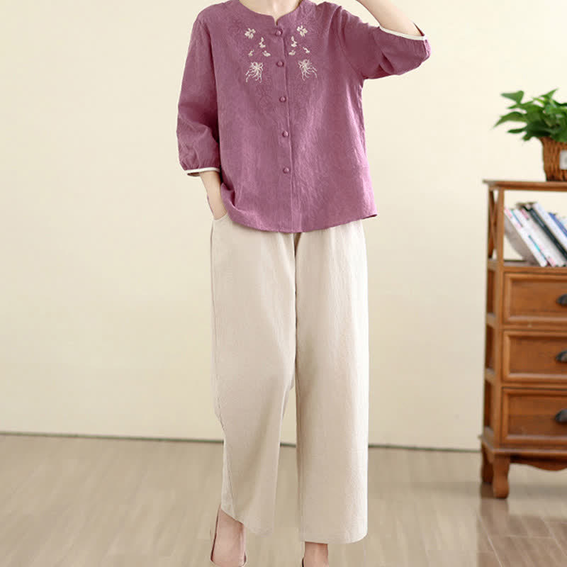 Buddha Stones Letnie koszule damskie w stylu vintage Tang z haftem kwiatowym i rękawami trzy czwarte - image 4
