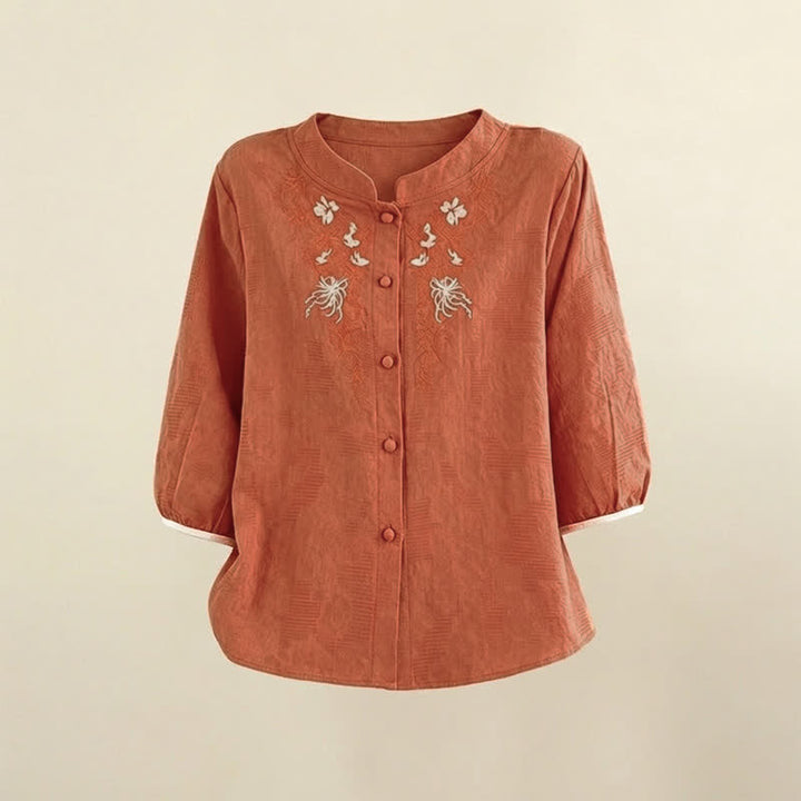 Buddha Stones Letnie koszule damskie w stylu vintage Tang z haftem kwiatowym i rękawami trzy czwarte - image 11