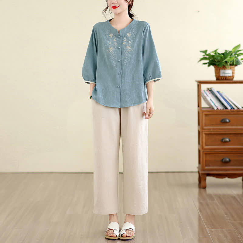 Buddha Stones Letnie koszule damskie w stylu vintage Tang z haftem kwiatowym i rękawami trzy czwarte - image 22