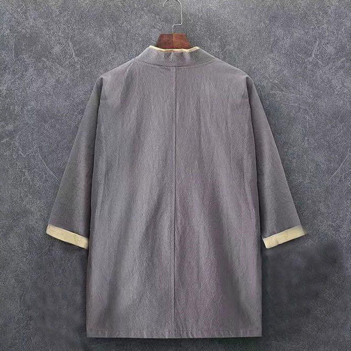 Buddha Stones Wiosenno-letnie, minimalistyczne, swobodne, bawełniane kimono męskie z węzłem i guzikami, z rękawem 3/4 - image 9