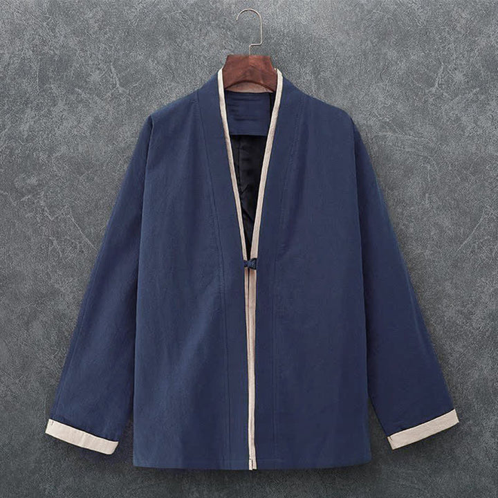 Buddha Stones Wiosenno-letnie, minimalistyczne, swobodne, bawełniane kimono męskie z węzłem i guzikami, z rękawem 3/4 - Marynarka wojenna - US/UK/AU46, EU56 (5XL) - image 0