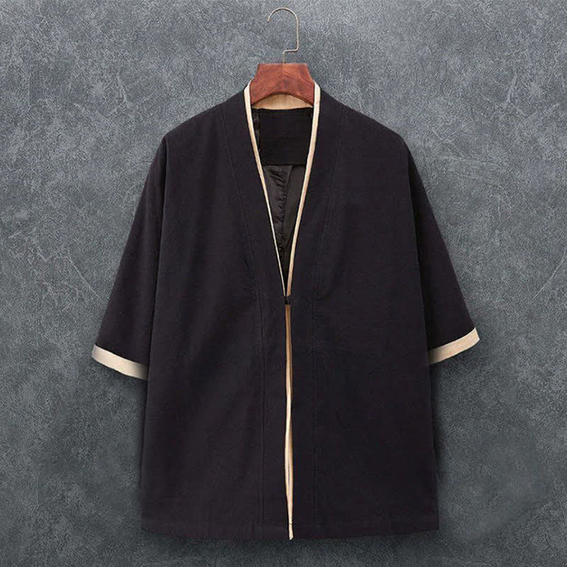 Buddha Stones Wiosenno-letnie, minimalistyczne, swobodne, bawełniane kimono męskie z węzłem i guzikami, z rękawem 3/4 - Czarny - US/UK/AU46, EU56 (5XL) - image 2