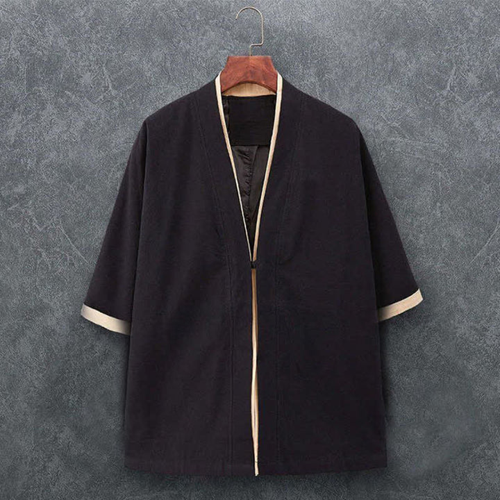 Buddha Stones Wiosenno-letnie, minimalistyczne, swobodne, bawełniane kimono męskie z węzłem i guzikami, z rękawem 3/4 - Czarny - US/UK/AU46, EU56 (5XL) - image 2