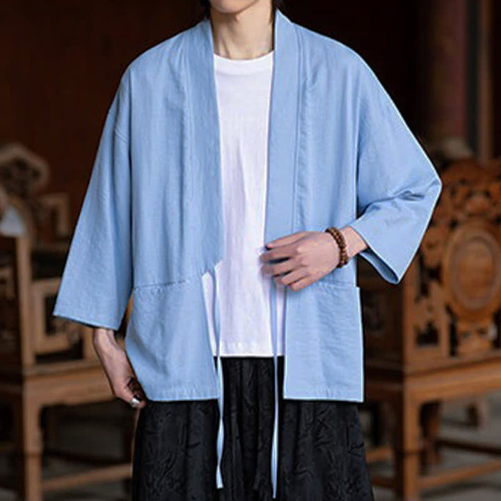 Buddha Stones Wiosenno-letnie, swobodne, minimalistyczne, ściągane sznurkiem, solidne, męskie kimono z rękawami 3/4 i kieszenią - image 17