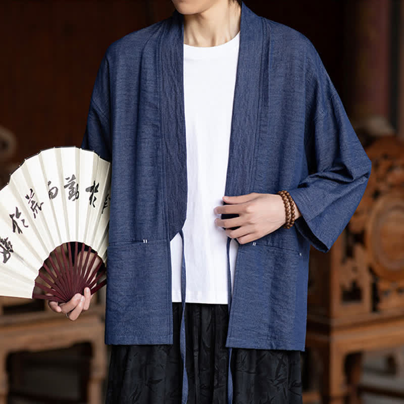 Buddha Stones Wiosenno-letnie, swobodne, minimalistyczne, ściągane sznurkiem, solidne, męskie kimono z rękawami 3/4 i kieszenią - image 1