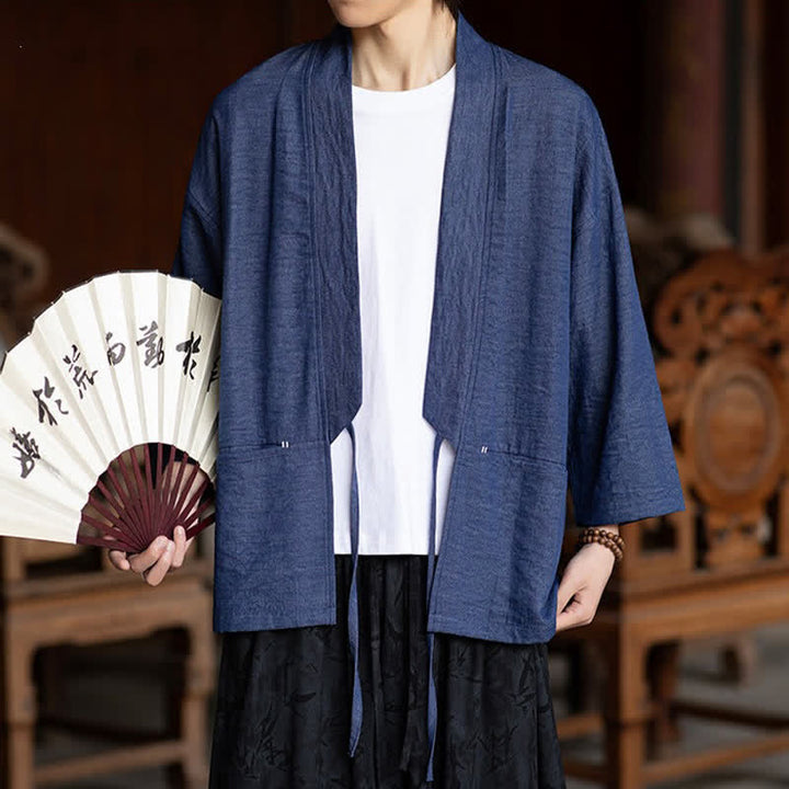 Buddha Stones Wiosenno-letnie, swobodne, minimalistyczne, ściągane sznurkiem, solidne, męskie kimono z rękawami 3/4 i kieszenią - image 5