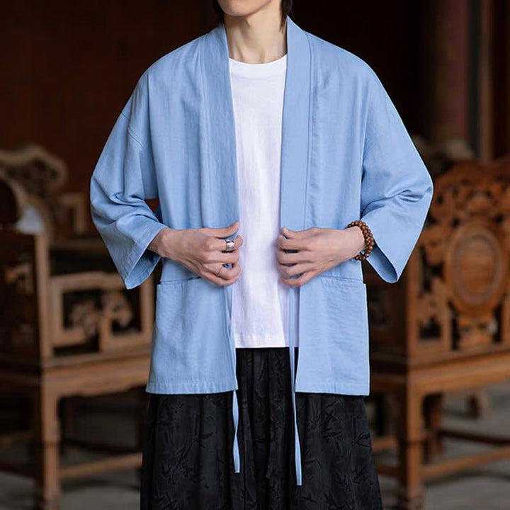 Buddha Stones Wiosenno-letnie, swobodne, minimalistyczne, ściągane sznurkiem, solidne, męskie kimono z rękawami 3/4 i kieszenią - image 14