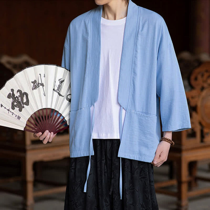 Buddha Stones Wiosenno-letnie, swobodne, minimalistyczne, ściągane sznurkiem, solidne, męskie kimono z rękawami 3/4 i kieszenią - image 13