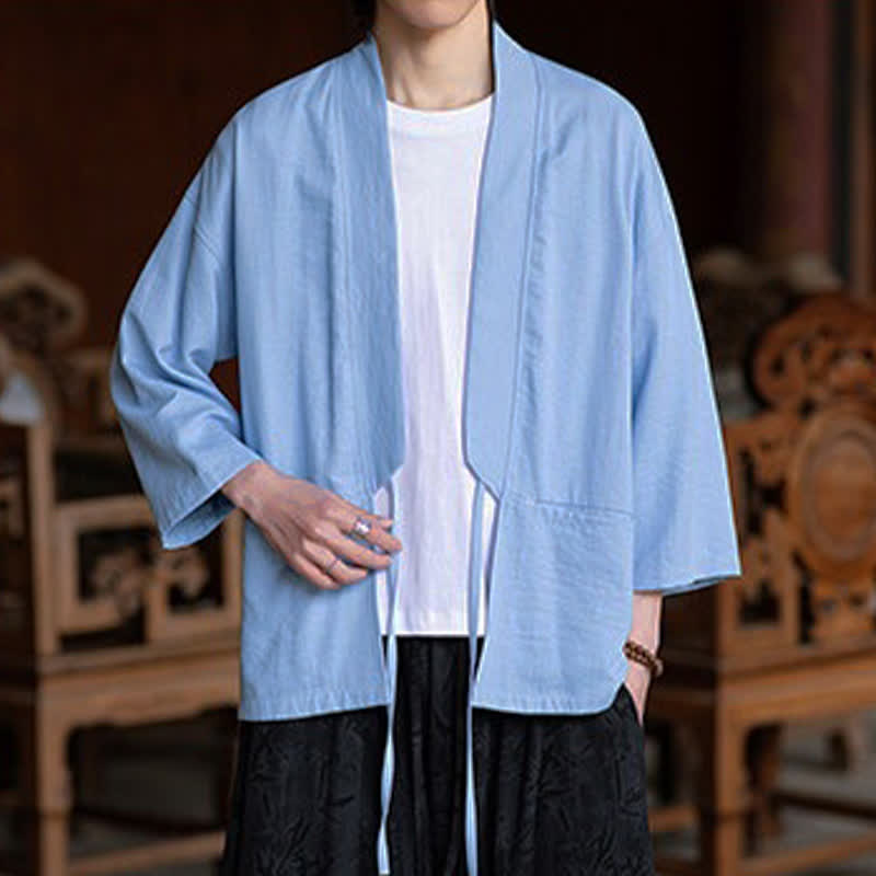 Buddha Stones Wiosenno-letnie, swobodne, minimalistyczne, ściągane sznurkiem, solidne, męskie kimono z rękawami 3/4 i kieszenią - image 16