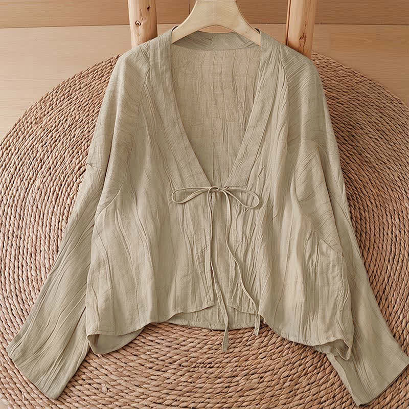 Buddha Stones Letnie, swobodne, boho, marszczone, ściągane, solidne kimono damskie - Beżowy - US14, UK/AU18, EU46 (2XL) - image 0