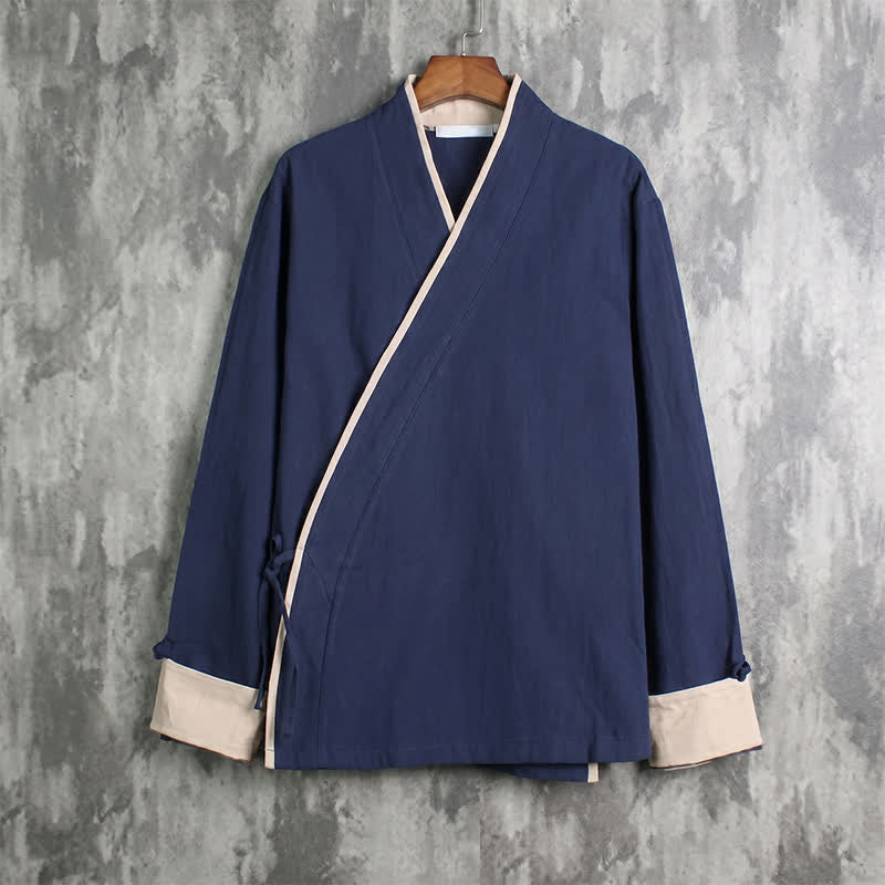 Buddha Stones Wiosna Jesień Swobodny Styl Tang Ściągacz Kontrastowe Wykończenie Jednolity Męski Kimono - Marynarka wojenna - US/UK/AU46, EU56 (5XL) - image 10