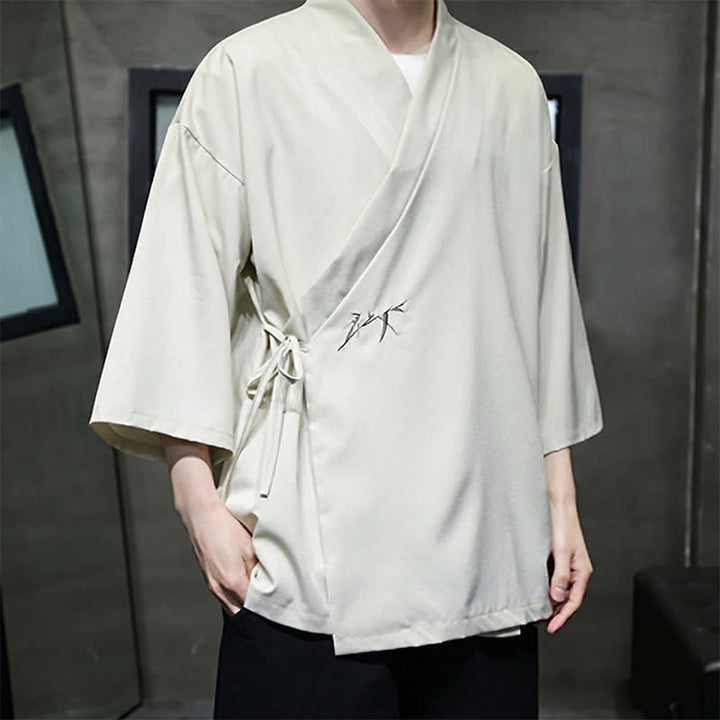 Buddha Stones Letnie kimono męskie w minimalistycznym stylu Tang z ściągaczem i bambusowym, solidnym rękawem o długości 3/4 - image 3