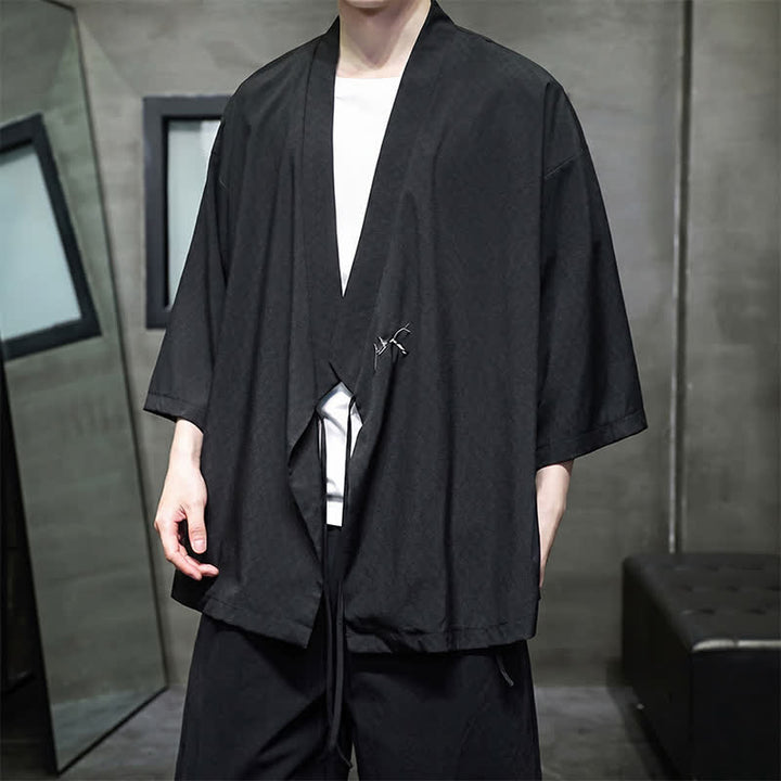 Buddha Stones Letnie kimono męskie w minimalistycznym stylu Tang z ściągaczem i bambusowym, solidnym rękawem o długości 3/4 - image 9
