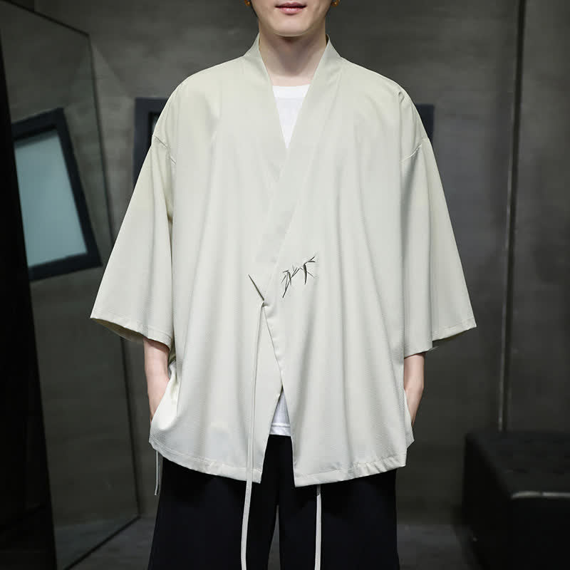 Buddha Stones Letnie kimono męskie w minimalistycznym stylu Tang z ściągaczem i bambusowym, solidnym rękawem o długości 3/4 - Beżowy - US/UK/AU46, EU56 (5XL) - image 0