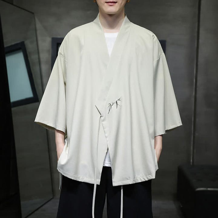 Buddha Stones Letnie kimono męskie w minimalistycznym stylu Tang z ściągaczem i bambusowym, solidnym rękawem o długości 3/4 - Beżowy - US/UK/AU46, EU56 (5XL) - image 0