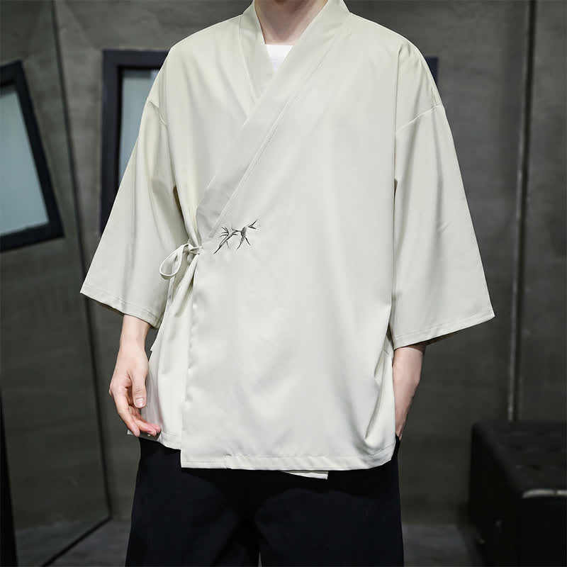 Buddha Stones Letnie kimono męskie w minimalistycznym stylu Tang z ściągaczem i bambusowym, solidnym rękawem o długości 3/4 - image 2