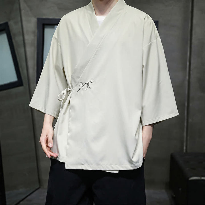 Buddha Stones Letnie kimono męskie w minimalistycznym stylu Tang z ściągaczem i bambusowym, solidnym rękawem o długości 3/4 - image 2
