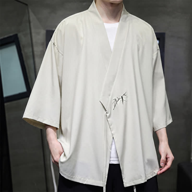 Buddha Stones Letnie kimono męskie w minimalistycznym stylu Tang z ściągaczem i bambusowym, solidnym rękawem o długości 3/4 - image 4