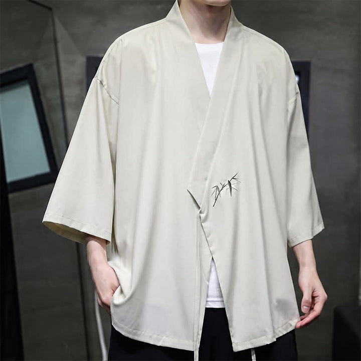 Buddha Stones Letnie kimono męskie w minimalistycznym stylu Tang z ściągaczem i bambusowym, solidnym rękawem o długości 3/4 - image 4