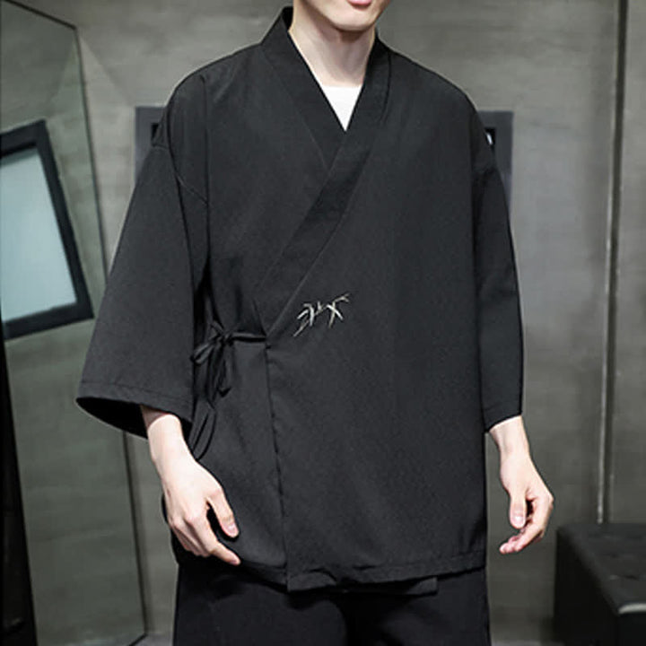 Buddha Stones Letnie kimono męskie w minimalistycznym stylu Tang z ściągaczem i bambusowym, solidnym rękawem o długości 3/4 - image 16