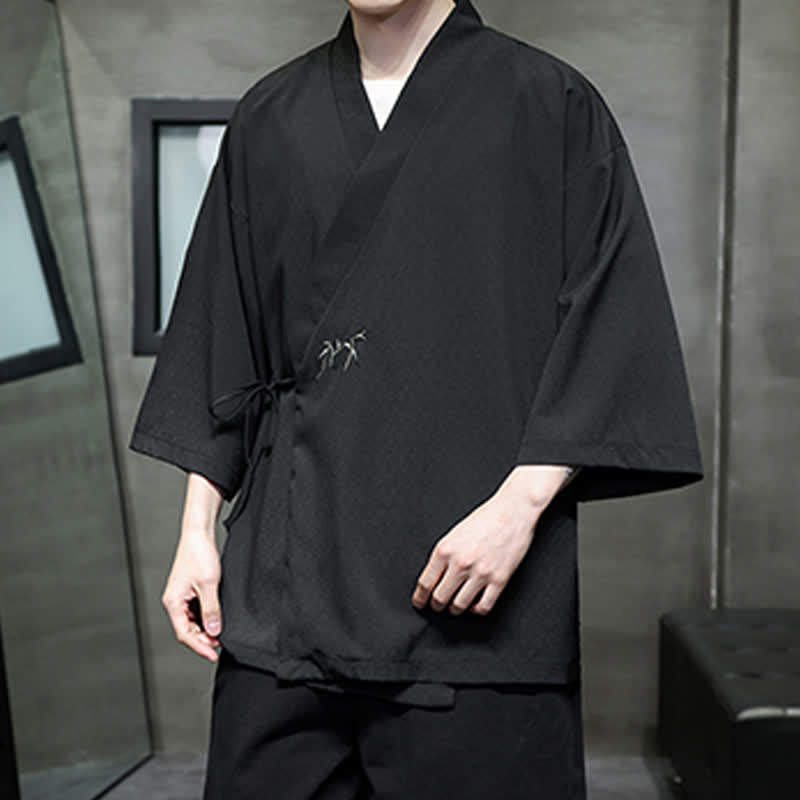 Buddha Stones Letnie kimono męskie w minimalistycznym stylu Tang z ściągaczem i bambusowym, solidnym rękawem o długości 3/4 - image 15