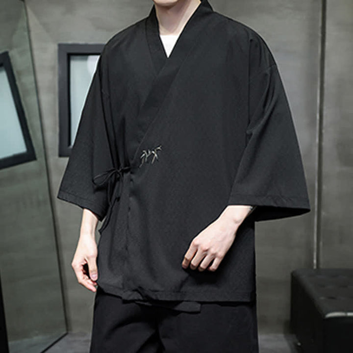 Buddha Stones Letnie kimono męskie w minimalistycznym stylu Tang z ściągaczem i bambusowym, solidnym rękawem o długości 3/4 - image 15