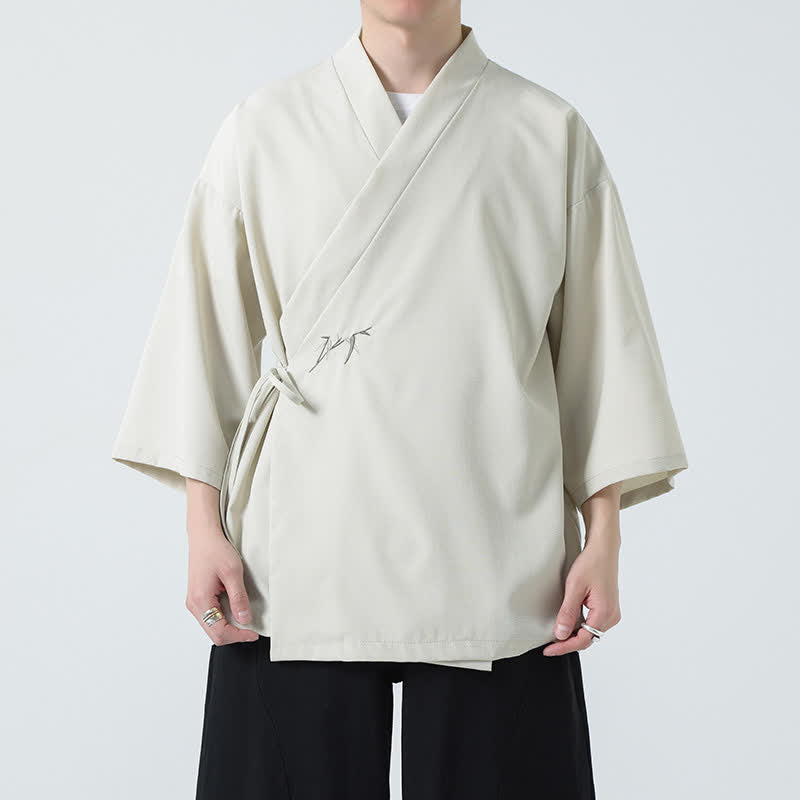 Buddha Stones Letnie kimono męskie w minimalistycznym stylu Tang z ściągaczem i bambusowym, solidnym rękawem o długości 3/4 - image 6