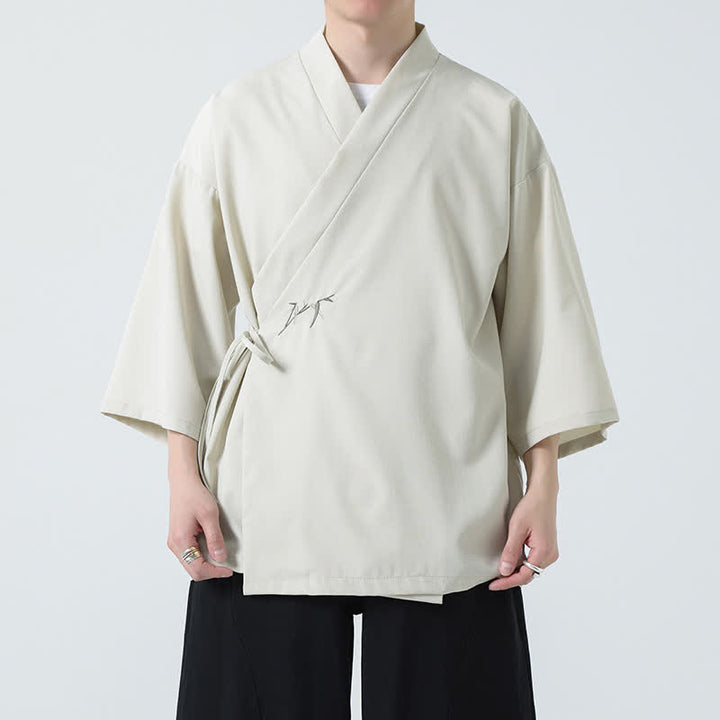 Buddha Stones Letnie kimono męskie w minimalistycznym stylu Tang z ściągaczem i bambusowym, solidnym rękawem o długości 3/4 - image 6