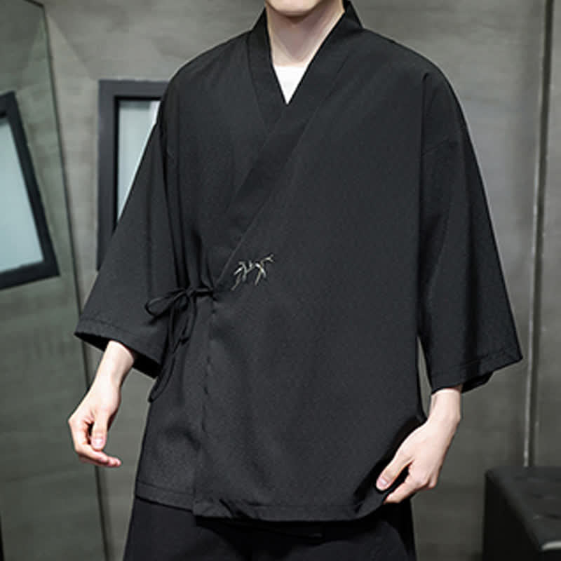 Buddha Stones Letnie kimono męskie w minimalistycznym stylu Tang z ściągaczem i bambusowym, solidnym rękawem o długości 3/4 - image 17