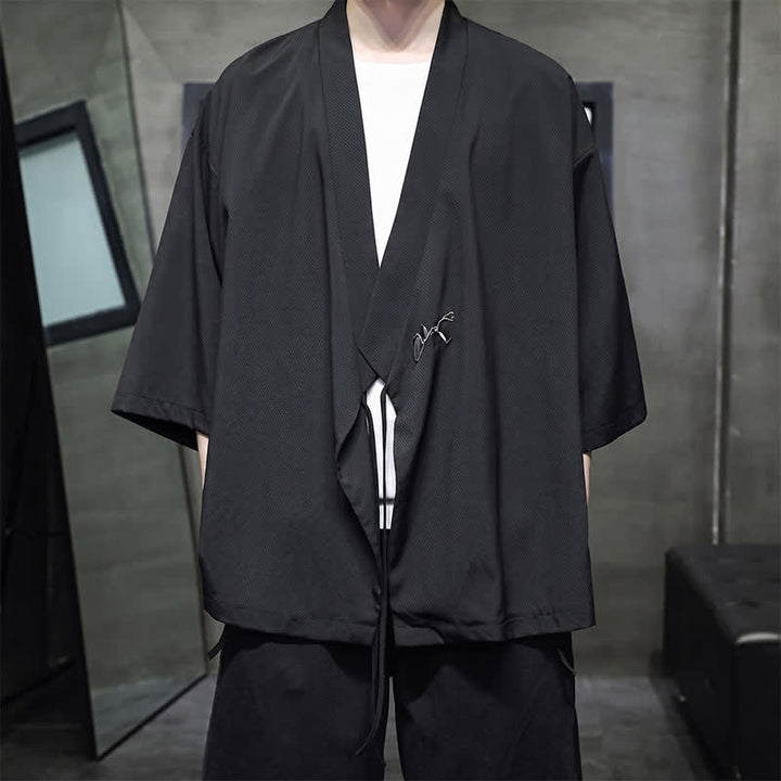 Buddha Stones Letnie kimono męskie w minimalistycznym stylu Tang z ściągaczem i bambusowym, solidnym rękawem o długości 3/4 - image 8