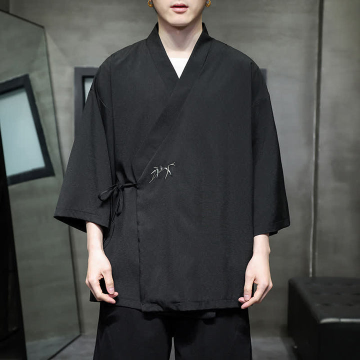 Buddha Stones Letnie kimono męskie w minimalistycznym stylu Tang z ściągaczem i bambusowym, solidnym rękawem o długości 3/4 - Czarny - US/UK/AU46, EU56 (5XL) - image 7