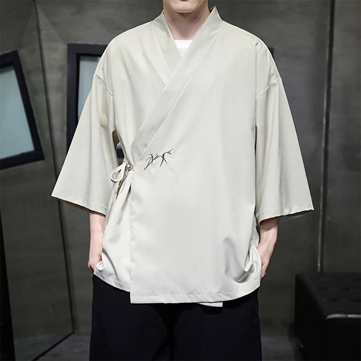 Buddha Stones Letnie kimono męskie w minimalistycznym stylu Tang z ściągaczem i bambusowym, solidnym rękawem o długości 3/4 - image 5