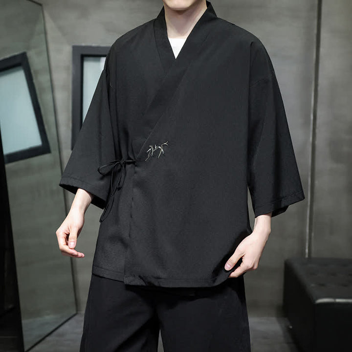 Buddha Stones Letnie kimono męskie w minimalistycznym stylu Tang z ściągaczem i bambusowym, solidnym rękawem o długości 3/4 - image 11