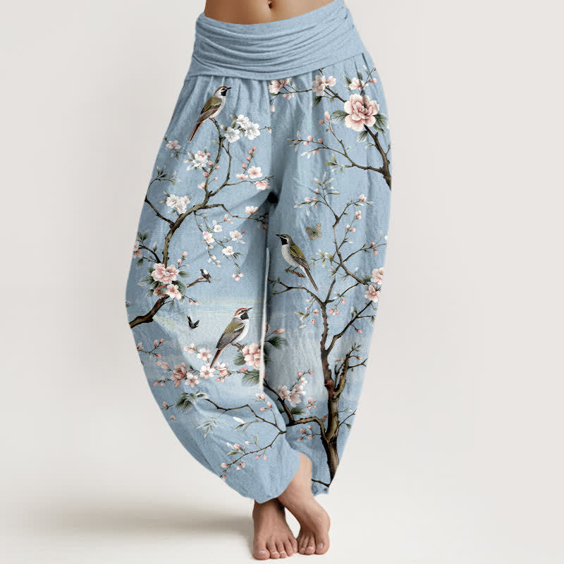 Buddha Stones Spodnie damskie typu harem z elastycznej talii z motywem ptaków kwitnącej wiśni - PowderBlue - US16, UK/AU20, EU48 (3XL) - image 5