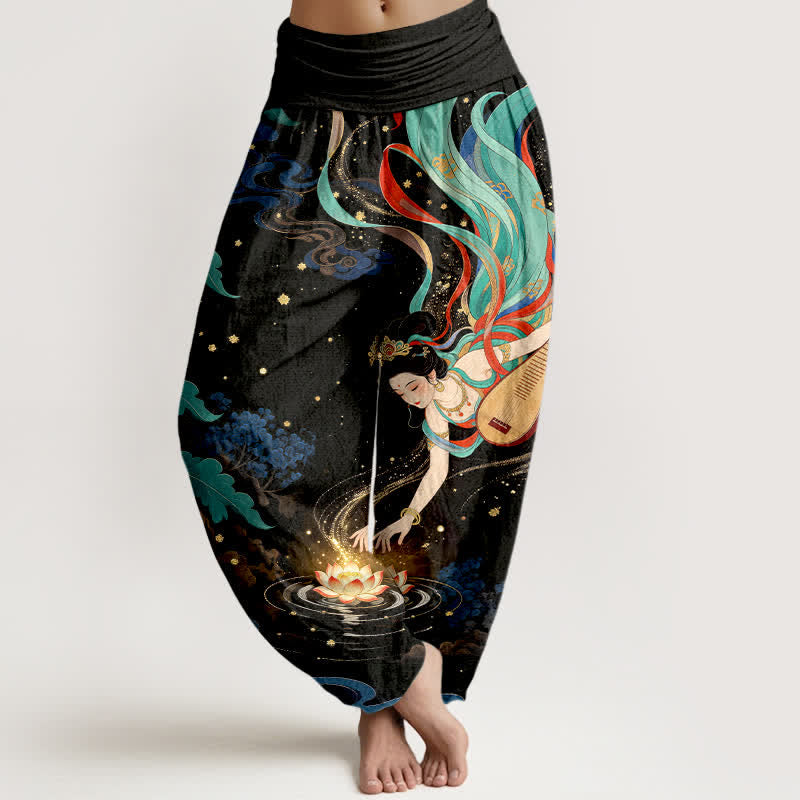 Buddha Stones Bawełniane spodnie haremki damskie z elastyczną talią i wzorem Celestial Musician Lotus - Czarny - US16, UK/AU20, EU48 (3XL) - image 0