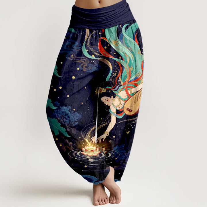 Buddha Stones Bawełniane spodnie haremki damskie z elastyczną talią i wzorem Celestial Musician Lotus - Marynarka wojenna - US16, UK/AU20, EU48 (3XL) - image 5