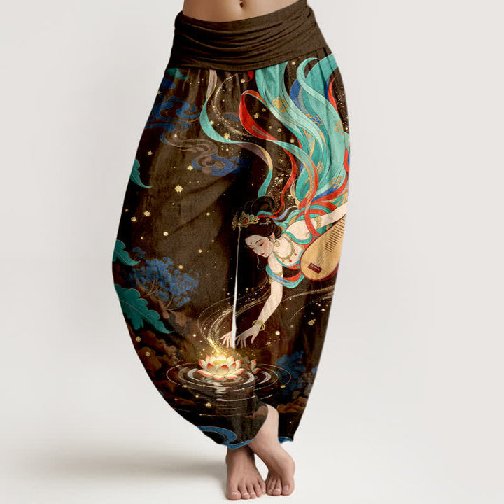 Buddha Stones Bawełniane spodnie haremki damskie z elastyczną talią i wzorem Celestial Musician Lotus - SaddleBrown - US16, UK/AU20, EU48 (3XL) - image 8
