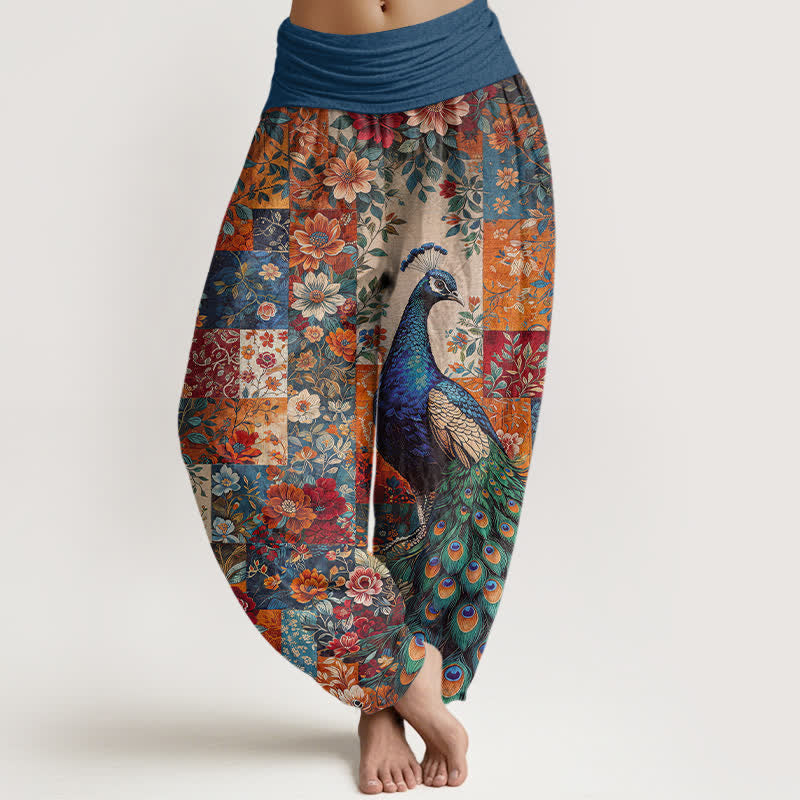 Buddha Stones Spodnie damskie harem z elastycznej talii z bawełny z kwiatowym wzorem pawia - Cyraneczka - US16, UK/AU20, EU48 (3XL) - image 0
