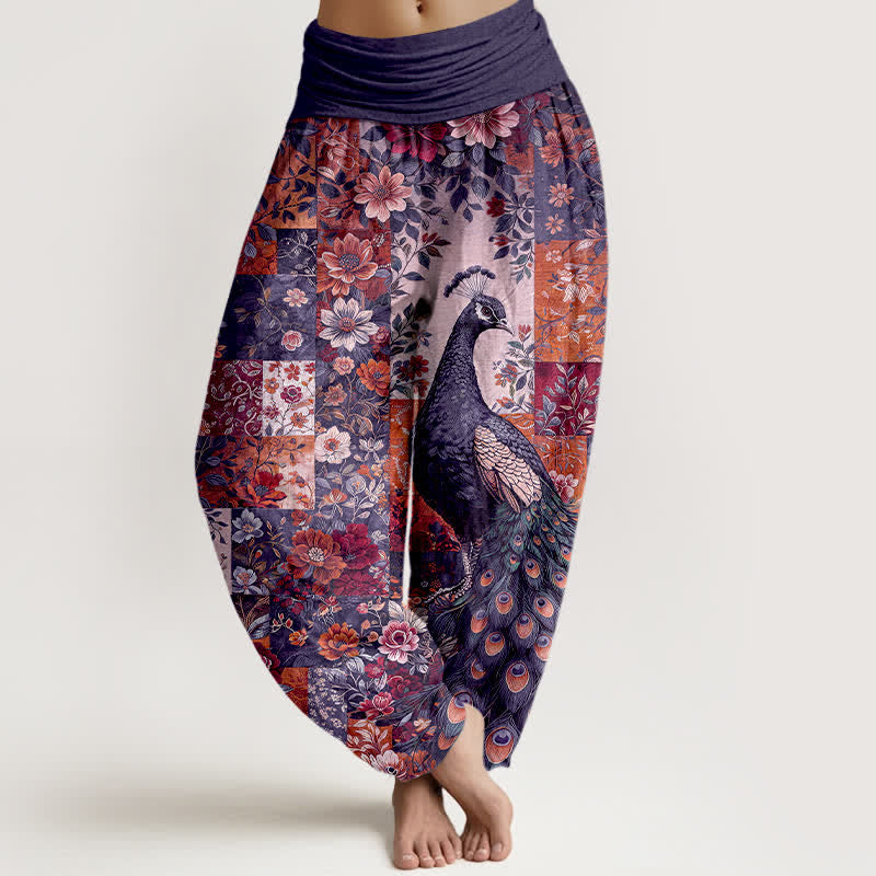 Buddha Stones Spodnie damskie harem z elastycznej talii z bawełny z kwiatowym wzorem pawia - Indygo - US16, UK/AU20, EU48 (3XL) - image 5