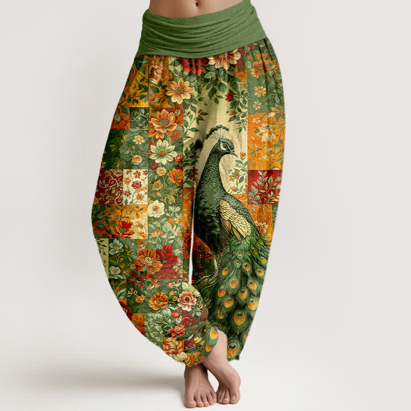 Buddha Stones Spodnie damskie harem z elastycznej talii z bawełny z kwiatowym wzorem pawia - Oliwkowy - US16, UK/AU20, EU48 (3XL) - image 8