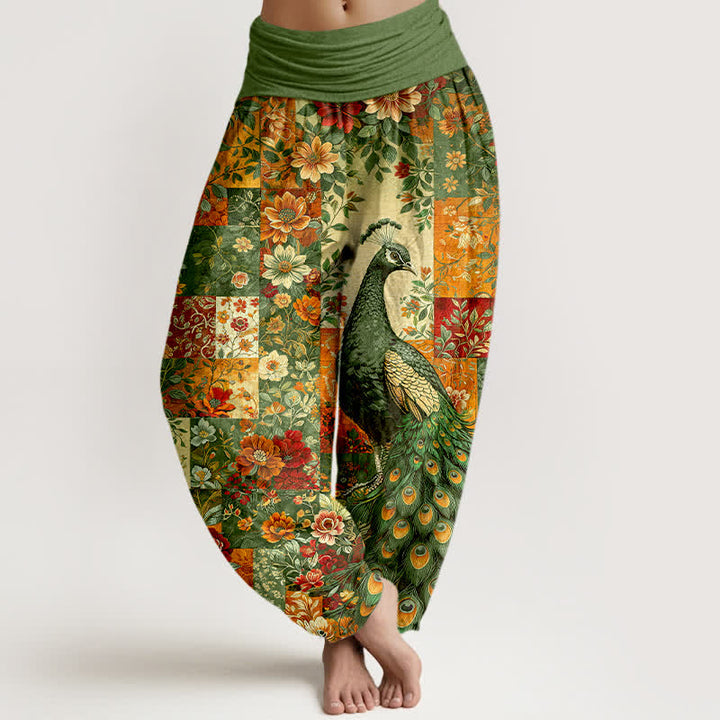 Buddha Stones Spodnie damskie harem z elastycznej talii z bawełny z kwiatowym wzorem pawia - Oliwkowy - US16, UK/AU20, EU48 (3XL) - image 8