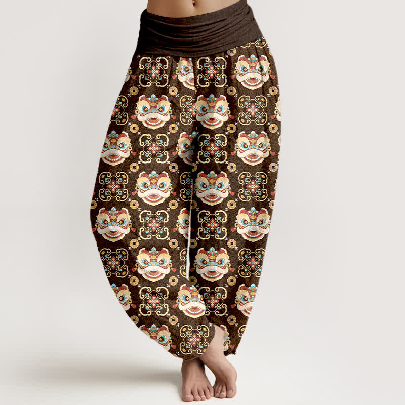 Buddha Stones Bawełniane spodnie haremki damskie z elastyczną talią i wzorem plemiennej maski lwa - SaddleBrown - US16, UK/AU20, EU48 (3XL) - image 8