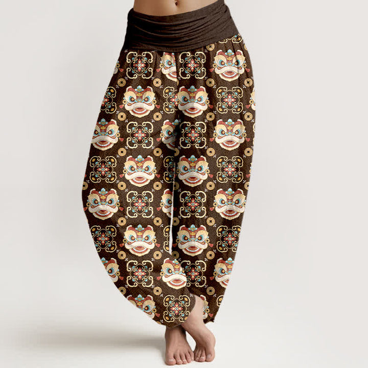 Buddha Stones Bawełniane spodnie haremki damskie z elastyczną talią i wzorem plemiennej maski lwa - SaddleBrown - US16, UK/AU20, EU48 (3XL) - image 8